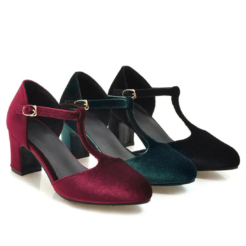 Velvet T Strap Square Heel Mary Janes