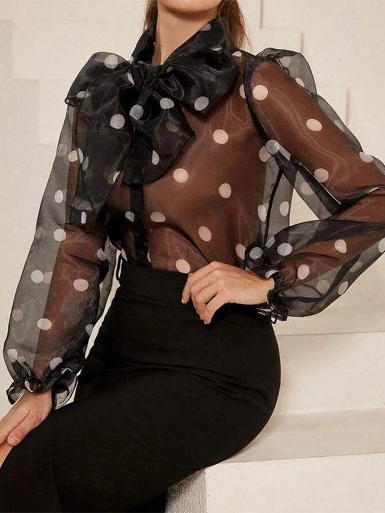 Polka Dot Lace Up Bow Blouse