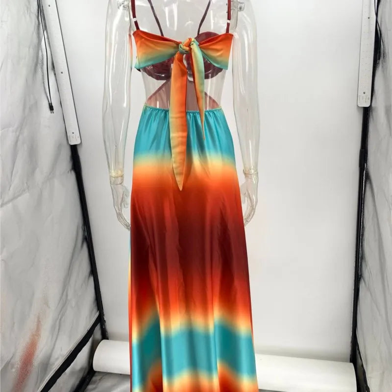 Sexy Gradient Sling Beach Long Dress Women Vintage Sleeveless Lace Up Hollow Out Tube Dresses Female Chic Street Party Holiday