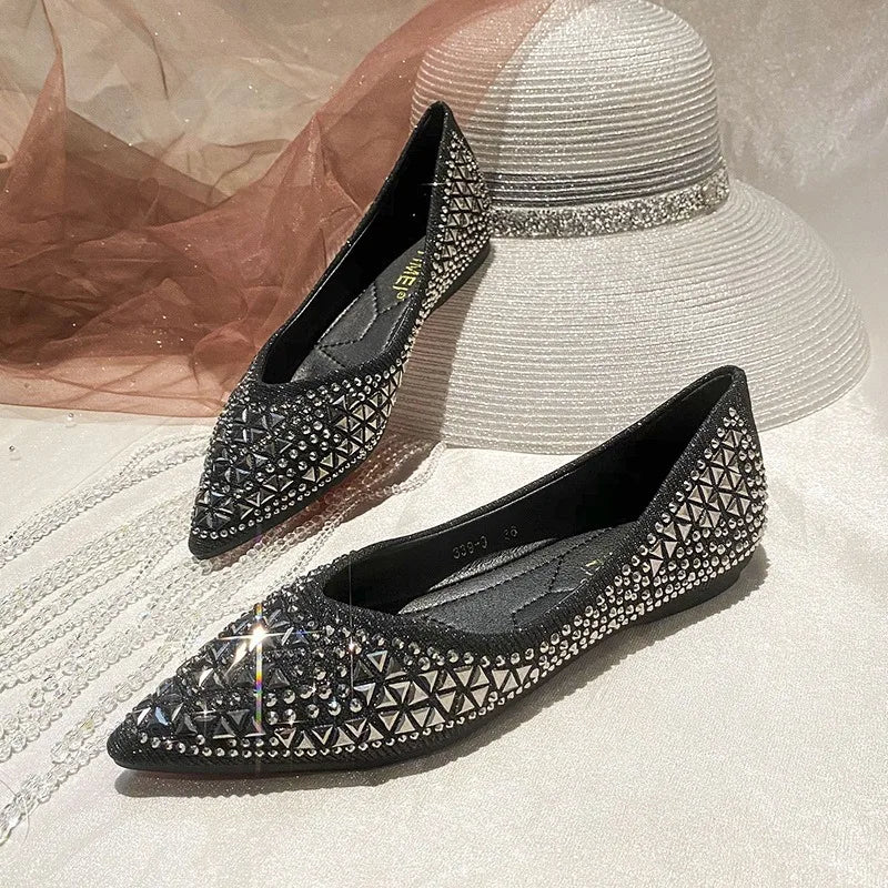 Sparkling Rhinestone Pointed Toe Ballet Flats for Women