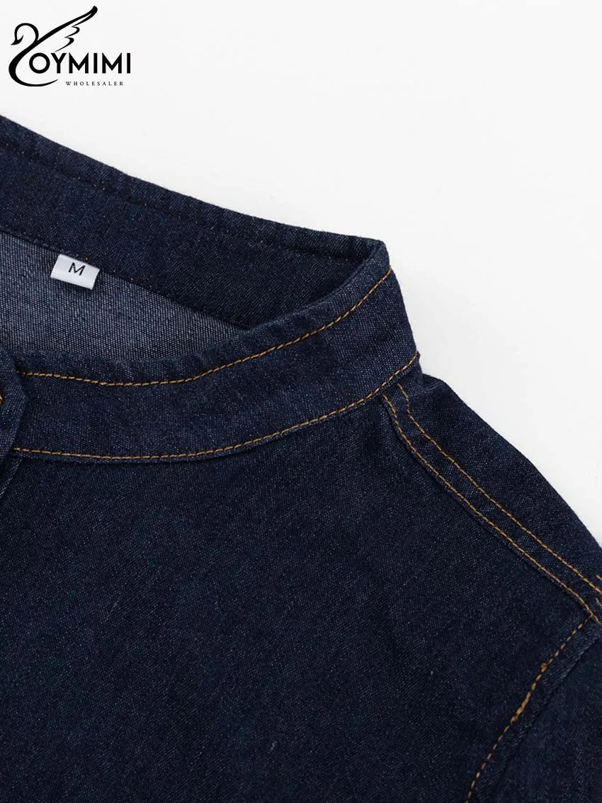 Oymimi Elegant Blue Denim Womens Dresses Fashion O-Neck Long Sleeve High Waisted Dresses Casual Button Mini Dress Streetwear