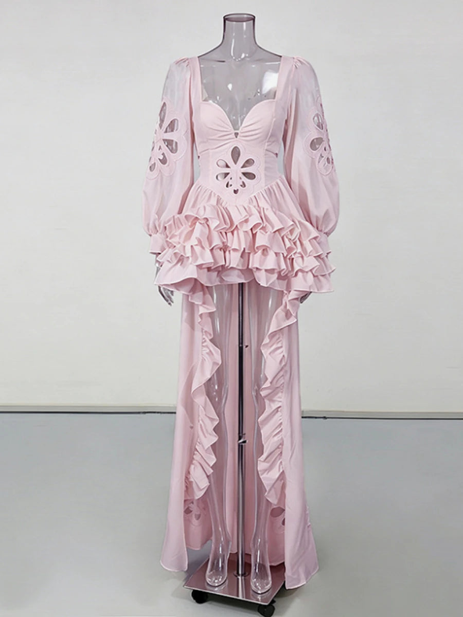 White Floral Cutout Puff Sleeve Gown With Asymmetric Train for Women