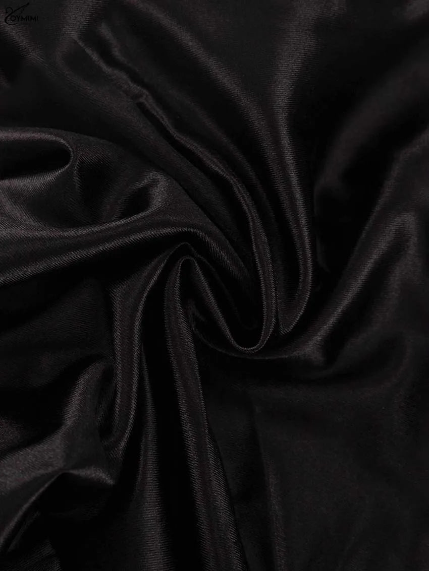 Oymimi Fashion Black Satin 2 Piece Sets Woman Outfits Elegant Long Sleeve Patchwork Zipper Crop Tops And Pleated Mini Skirts Set