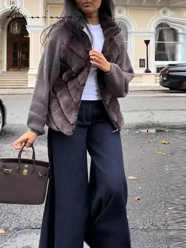 Faux Fur Patchwork Knit Coat With High Collar for Women