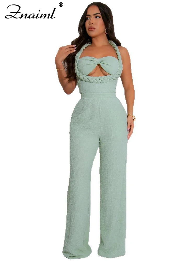 Znaiml Fashion Green Women Jumpsuits Summer Sleeveless Bandage Wide Leg Pants Loose Streetwear One Pieces Rempers Overalls 2025