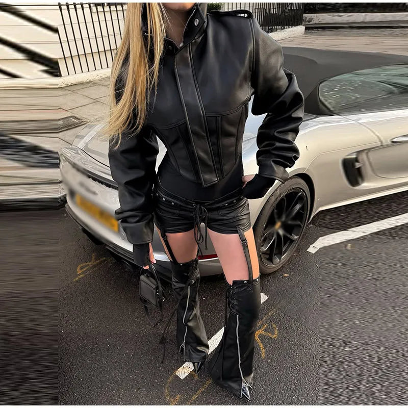 Tailored Crop Front Faux Leather Biker Jacket for Women