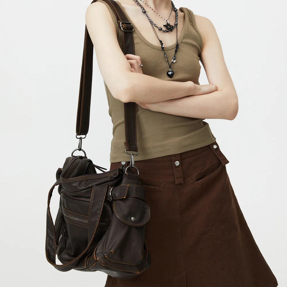 Y2K Punk Soft Faux Leather Multi Pocket Shoulder Bag for Women