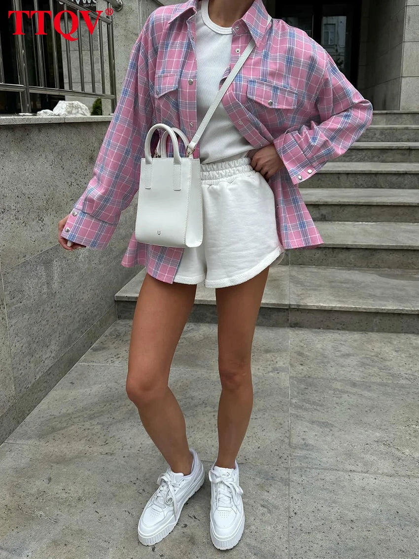 Vintage Pink Plaid Long Sleeve Button-Up Shirt for Women