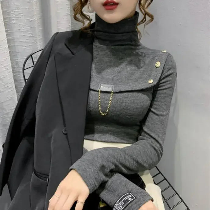Elegant Button Detail Knit Turtleneck Sweater For Women