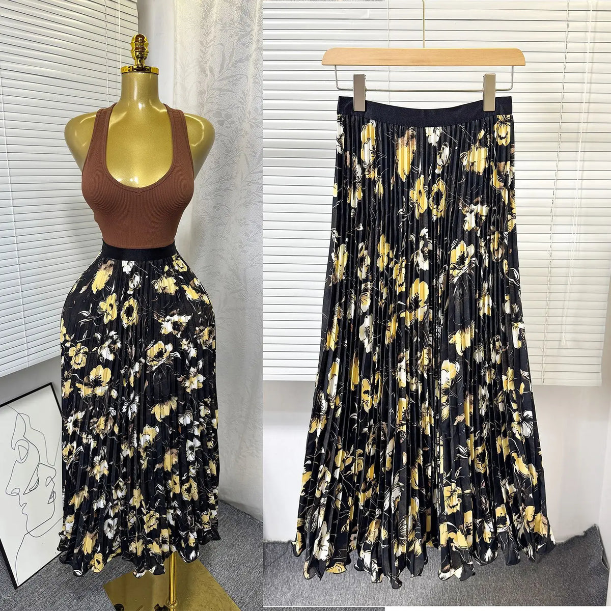 Floral Ruffle A Line Midi Skirt with Elastic Waist for Women