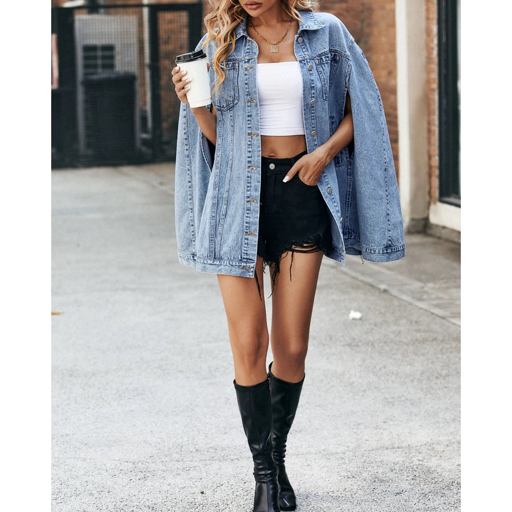 Elegant Women Buttoned Turn-down Collar Denim Coat Femme Fashion Cut Out Sleeveless Pocket Design Loose Jackets Autumn Outfits