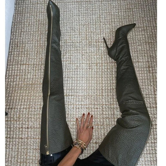 Textured Leather Boots for Women Knee High Sexy Pointed Toe Zip High Heels Autumn Winter Black 2023 New Zapatos Para Mujere