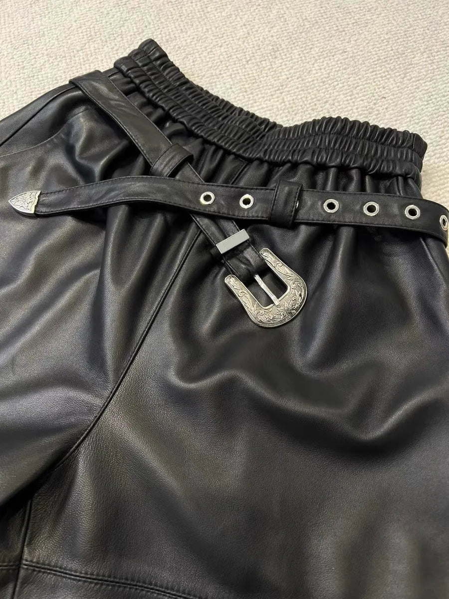 Y2K Cargo Pants Women High Waist Baggy Pants 2025 New Korean Fashion Wide Leg Genuine Leather Trousers Streetwear Loose Style