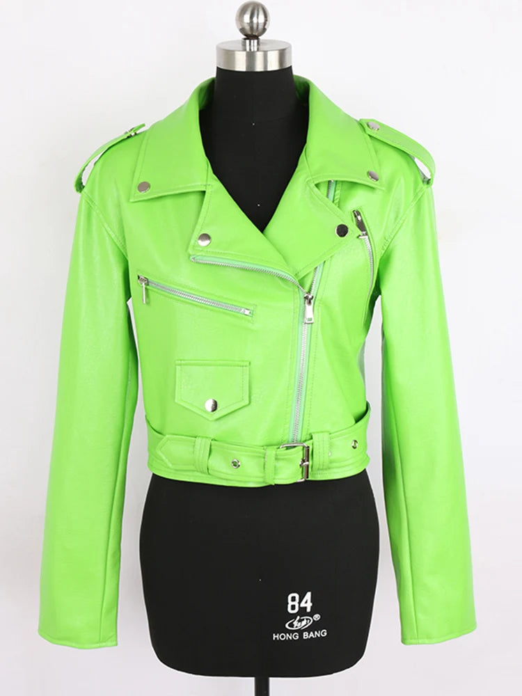 Faux Leather Short Biker Jacket with Zipper and Epaulets for Women