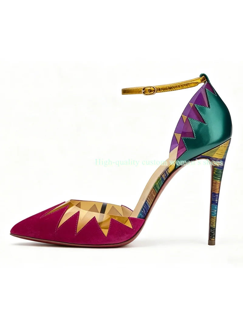 Rainbow Velvet Pointed Toe Stiletto Sandals For Women