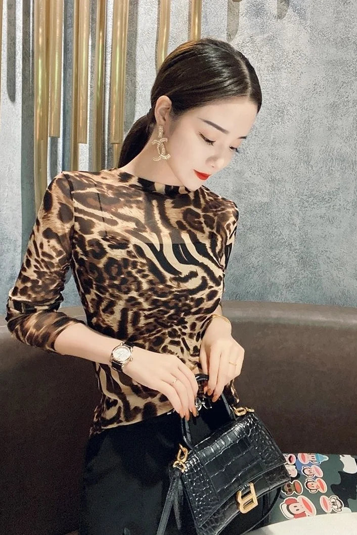 Top Female Mesh Leopard Print Women's Long Sleeve T-shirt Mature Spring Autumn Sexy Korean Reviews Many Clothes Japanese Vintage