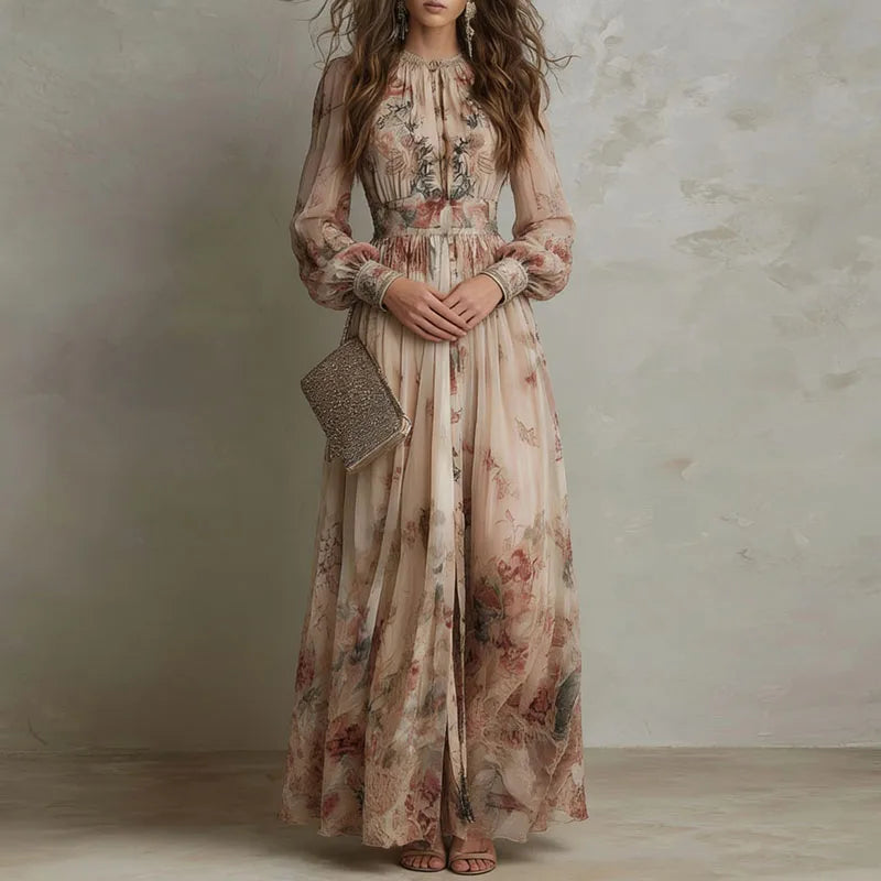 Vintage Floral Pleated Long Sleeve Maxi Dress for Women