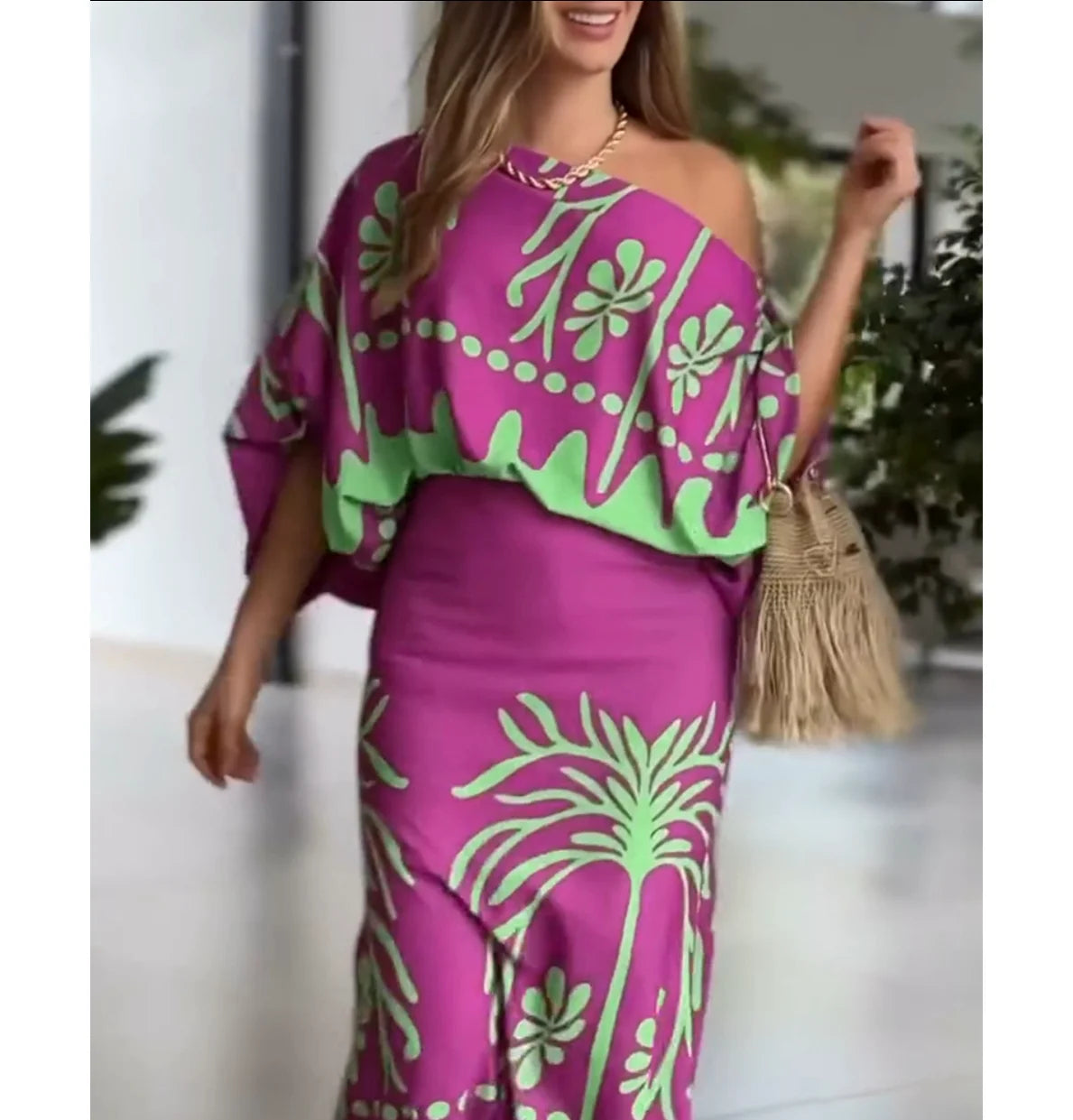 Women's 2 Pieces Outfit Tropical Print Lantern Sleeve Cold Shoulder Loose Top and Casual High Waist Fishtail Maxi Skirt Set