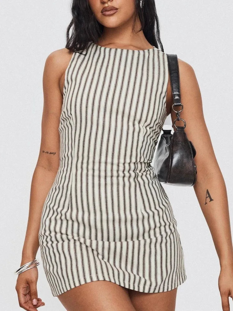Casual Striped Print Crew Neck Sleeveless Mini Dress for Women