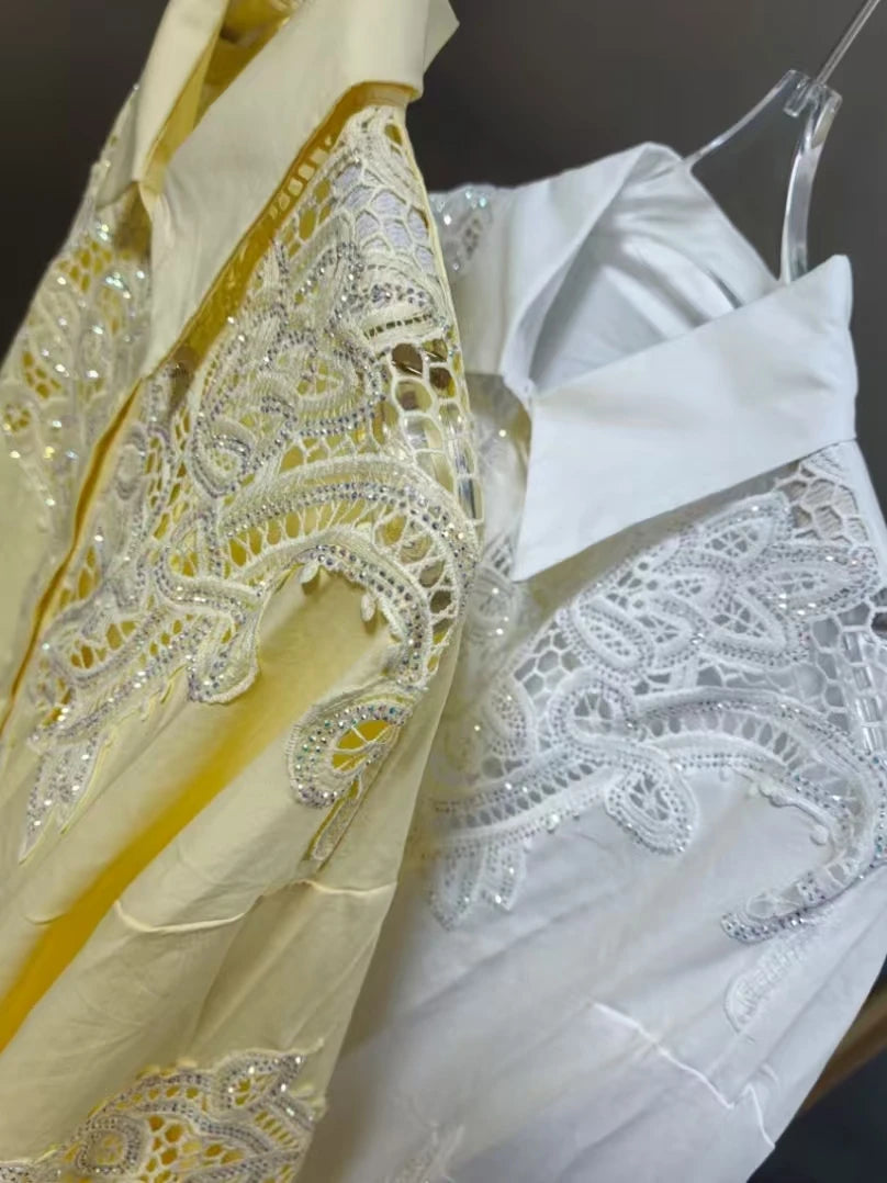 Sequined Embroidered Lantern Sleeve Hollow Out Cotton Blouse for Women