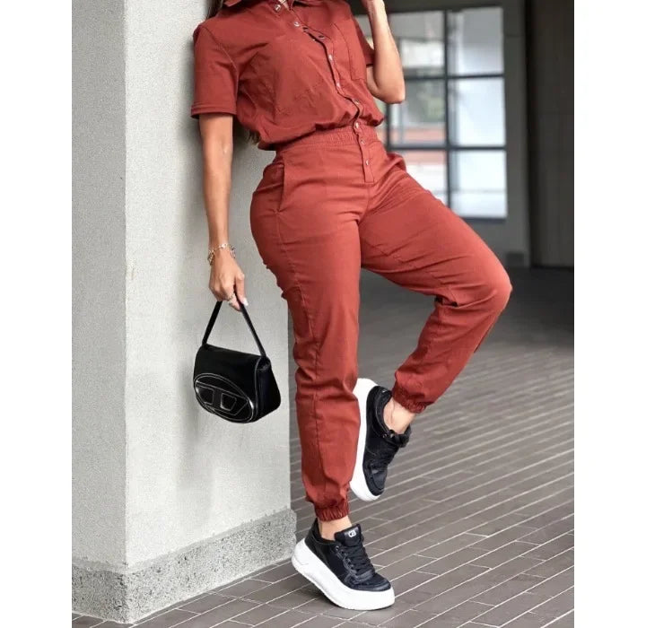 Women's Jumpsuit Summer 2025 Fashion Ankle Tied with A Lapel Pocket and Elastic Buttons At The Waist Short Sleeved Bodysuit Pant