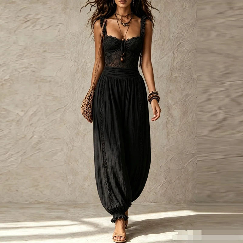 Elegant Lace Trim V Neck Sleeveless Jumpsuit for Women