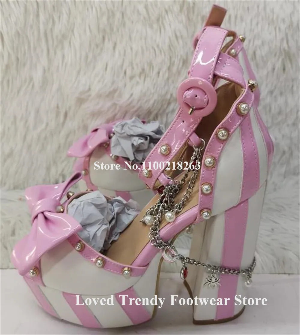 Striped Peep Toe Platform Sandals With Bow Detail for Women