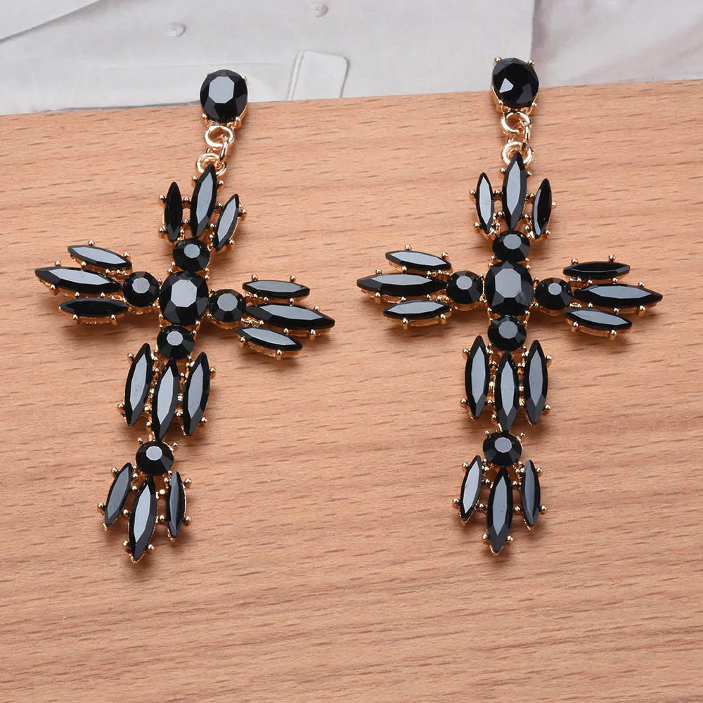 Black Crystal Rhinestone Cross Dangle Earrings for Women