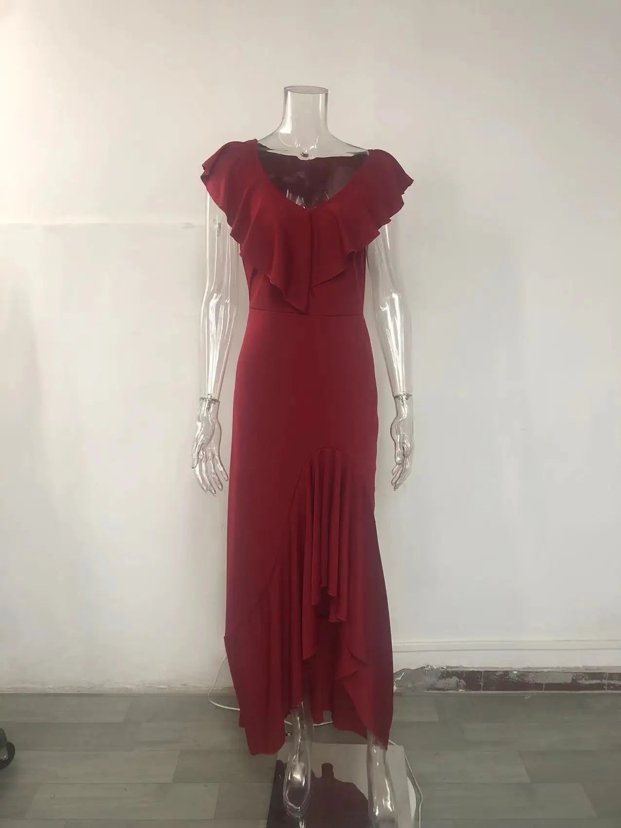 Elegant V-Neck Ruffle Hem Asymmetrical Dress European Style Women's Fashion 2026 Gown Classy Eveningwear