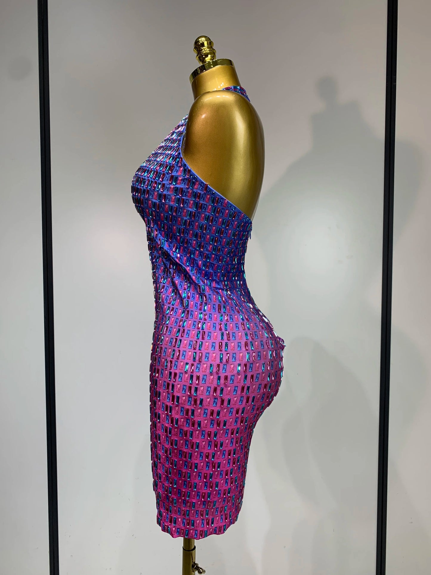 Women Sexy Halter Bodycon Dress Gadient Sparkly Rhinestones V Neck Backless Luxury Birthday Singer Stage Costume Cocktail Dress