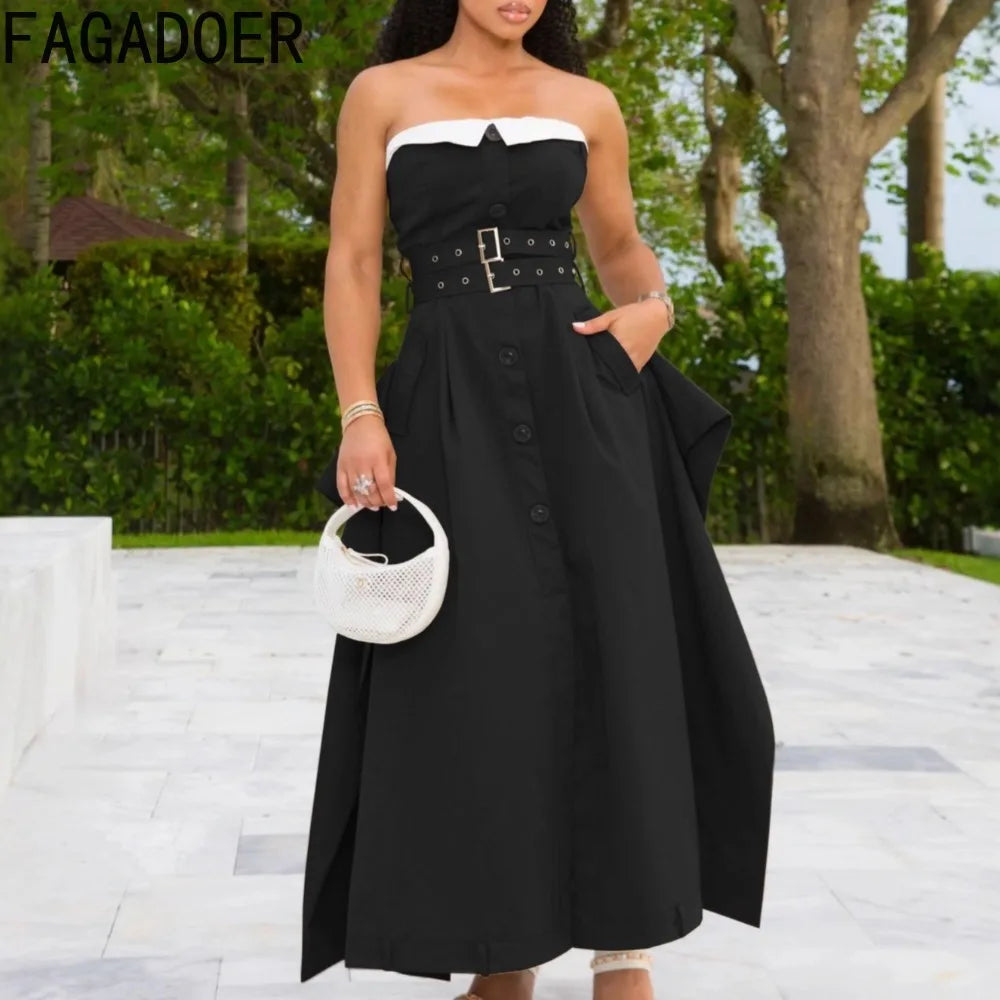 FAGADOER Autumn New Fashion Bodycon Dresses for Women Single Breasted Sleeveless Backless Dress Female Streetwear Vestidos 2025