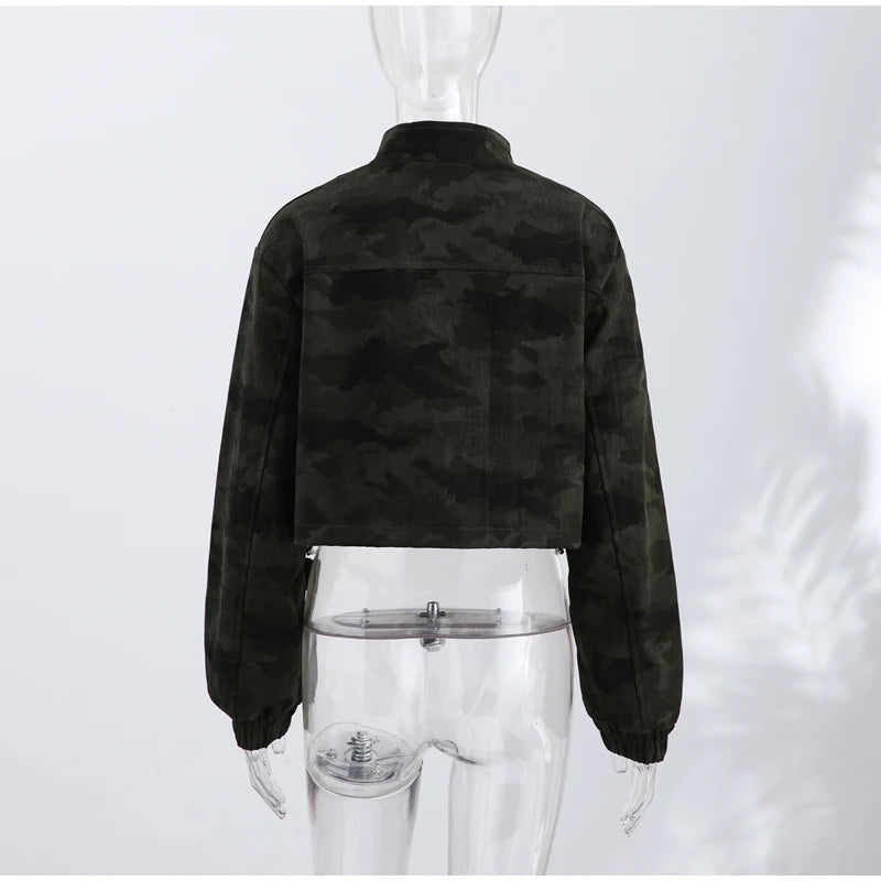 Y2K Camouflage Cropped Zip Jacket With Stand Collar for Women