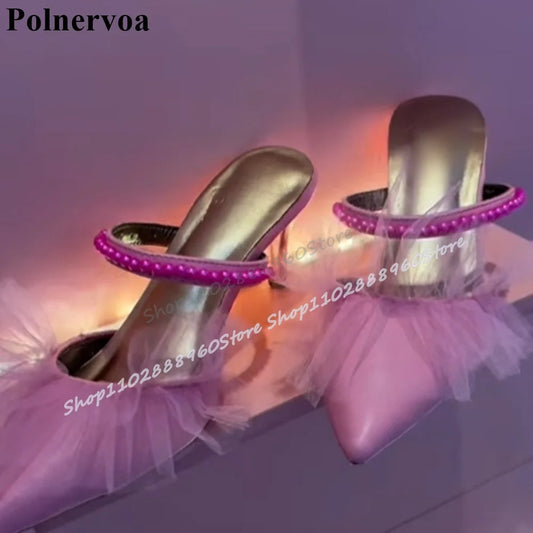 Pink Crystals Strip Air Mesh Pointy Slippers Stilettos High Heel Women Shoes Slip On Pointed Toe Casual Trending Women Slippers