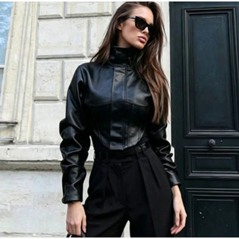 Tailored Crop Front Faux Leather Biker Jacket for Women
