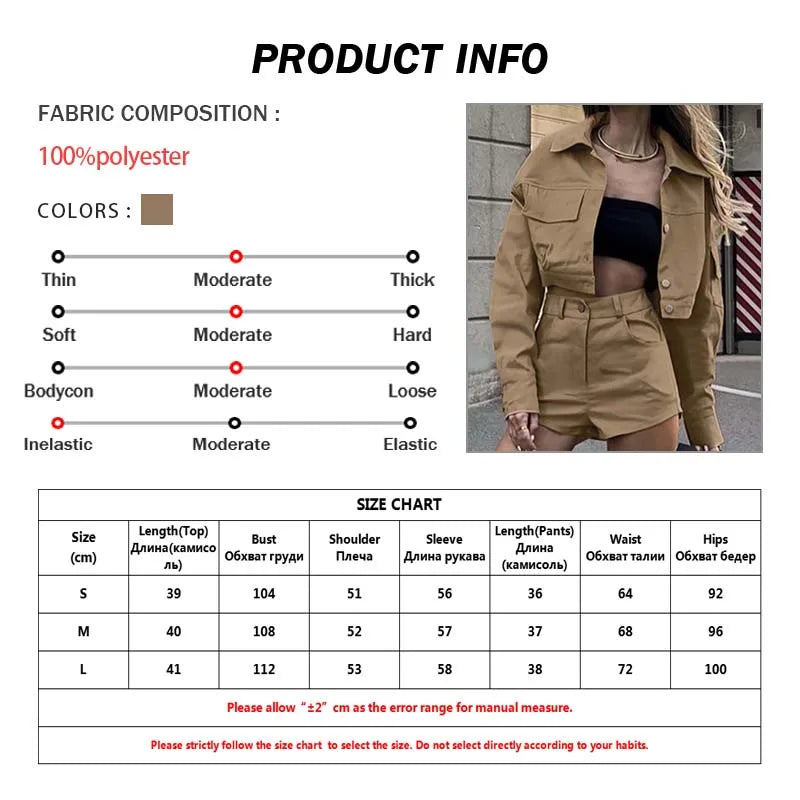 Oymimi Casual Khaki Womens 2 Piece Outfit Set Fashion Long Sleeve Button Pockets Shirts And High Waist Simple Shorts Streetwear
