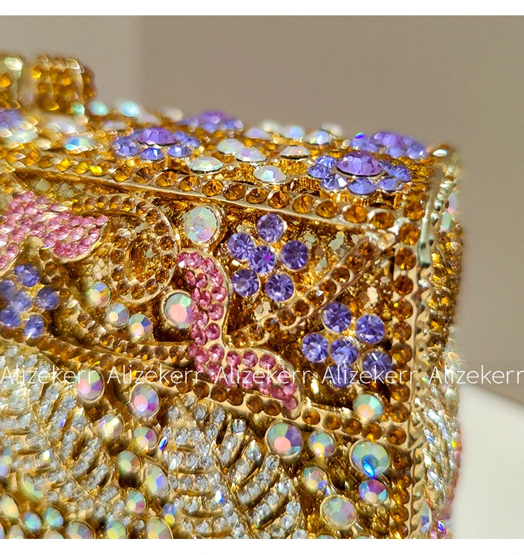 Metallic Leaf Diamond Evening Bag With Rhinestone Accents for Women