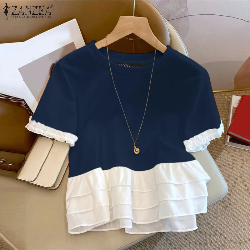 ZANZEA Woman Summer Fashion Chic T-Shirts Round Neck Short Sleeve Ruffle Trim Layered Hem Contrast-Color Casual Patchwork Tees
