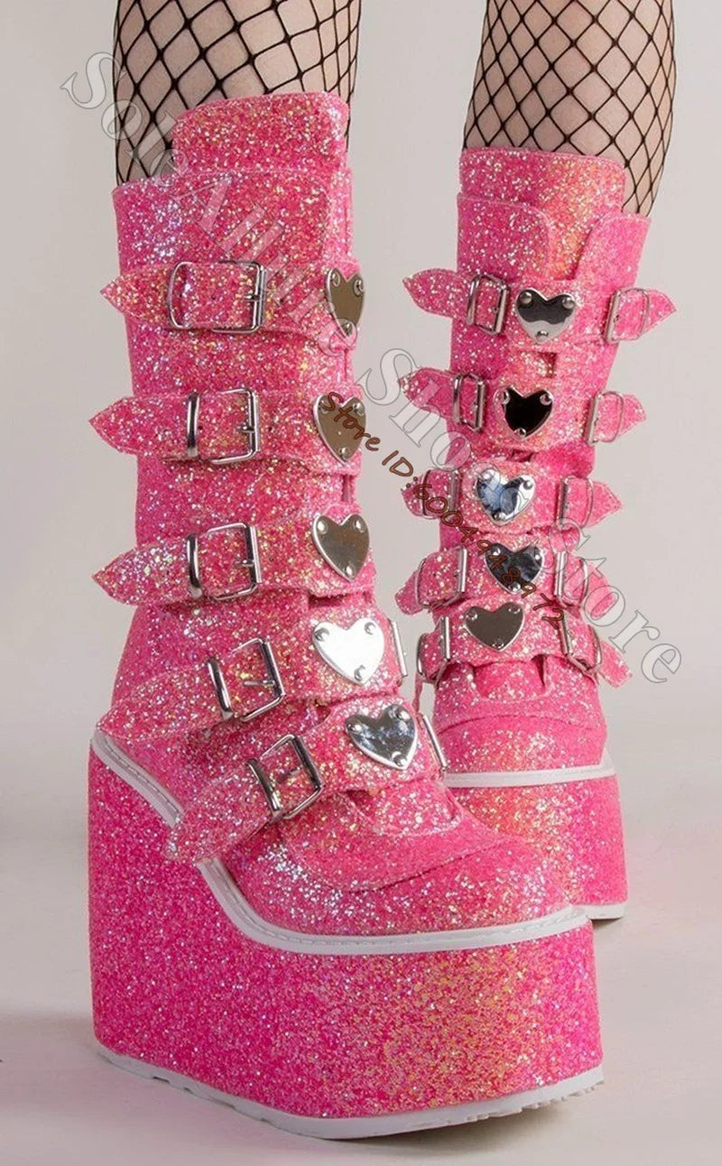Glitter Heart Buckle Adjustable Mid Calf Wedge Boots For Women