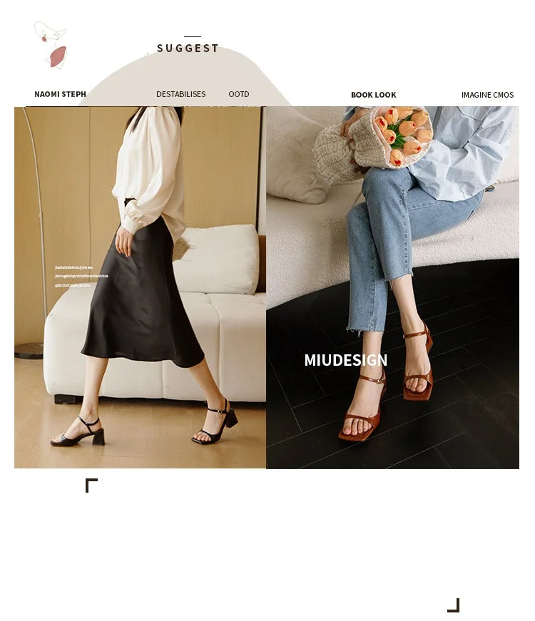 Summer Narrow Band Elegant Square Heel Sandals for Women
