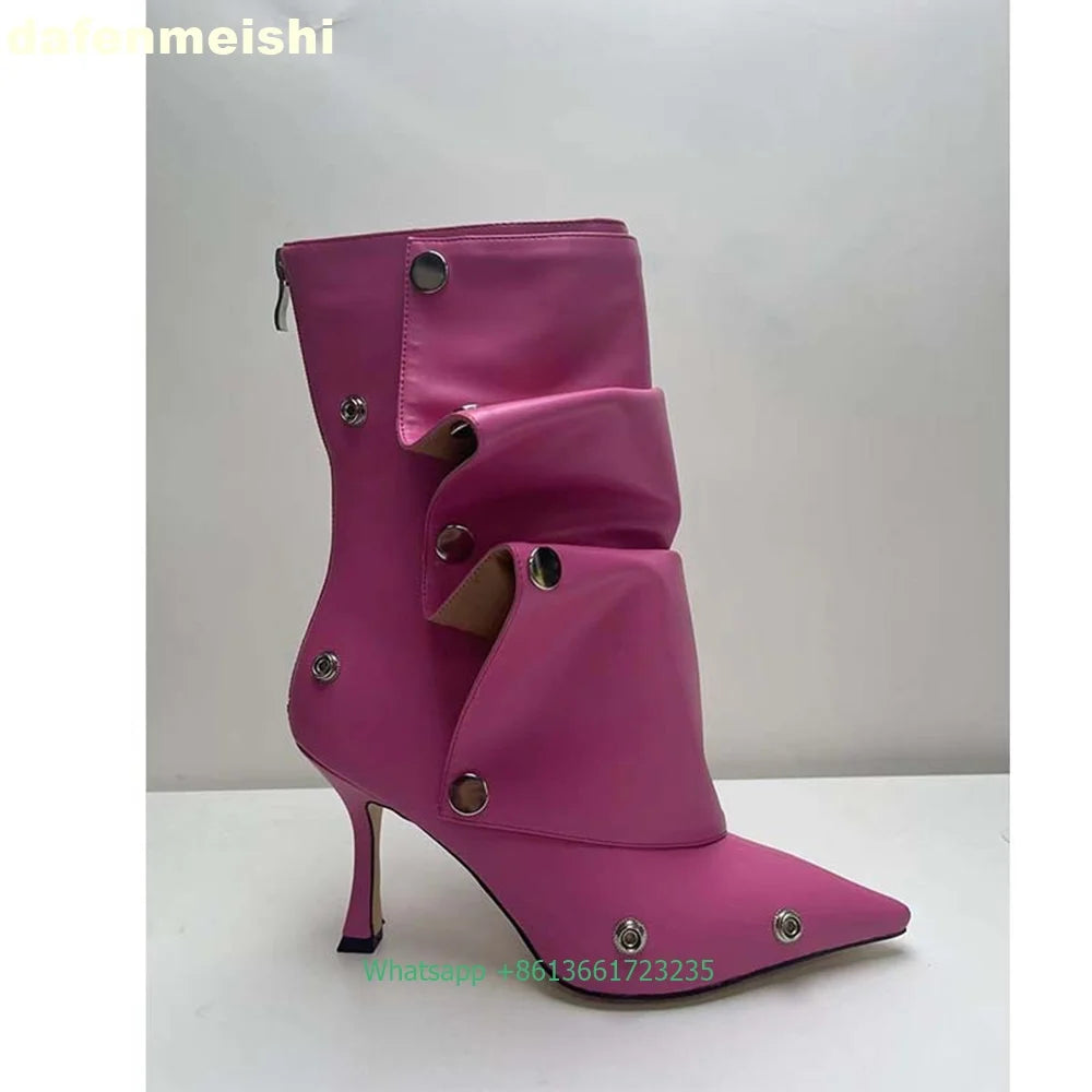 Pleated Stiletto Pointed Toe Leather Ankle Boots With Rivet Buckle For Women