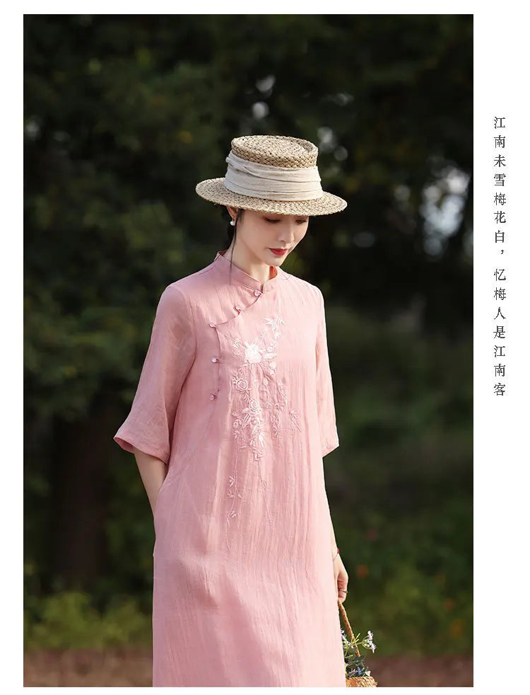 Elegant Floral Embroidered Ramie + Cheongsam Dress + for Women
