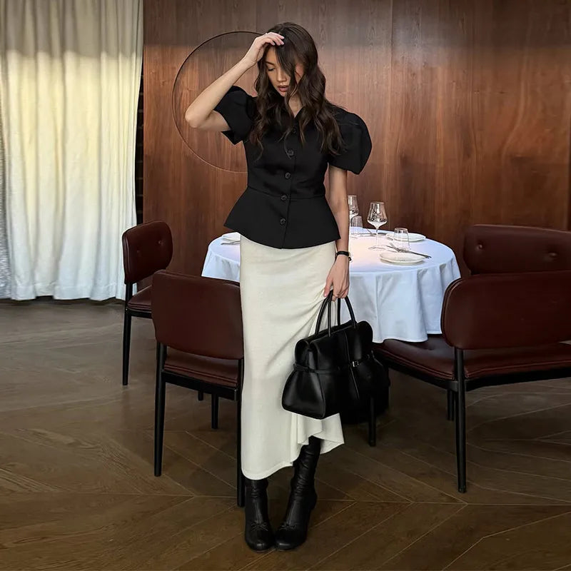 Elegant Puff Sleeve Turn-Down Collar Shirt for Women