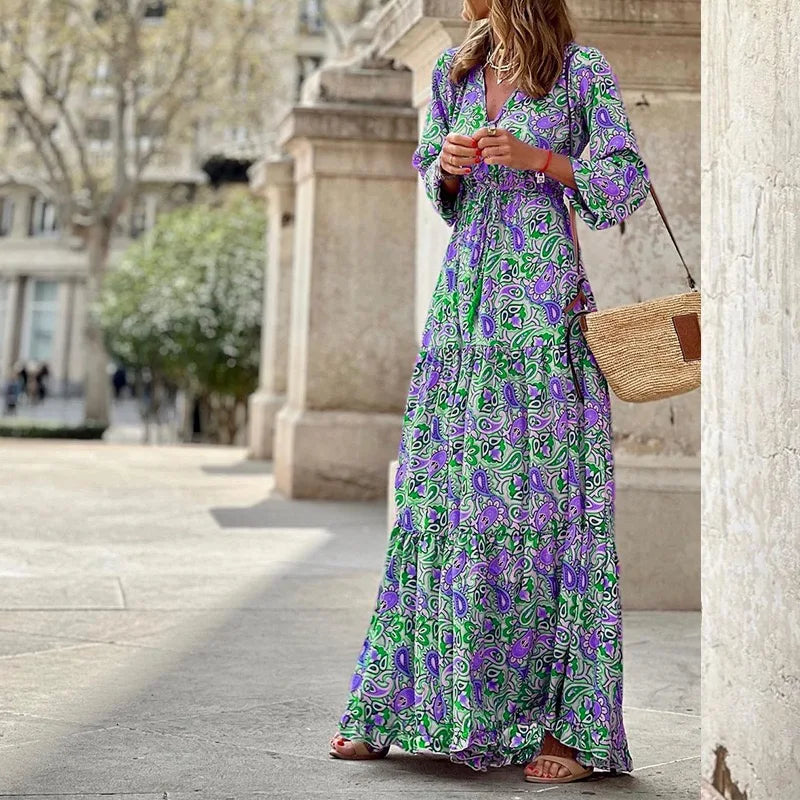 2026 New In-Stock Women's Fashion V-Neck Long-Sleeve Mid-Length Bohemian
