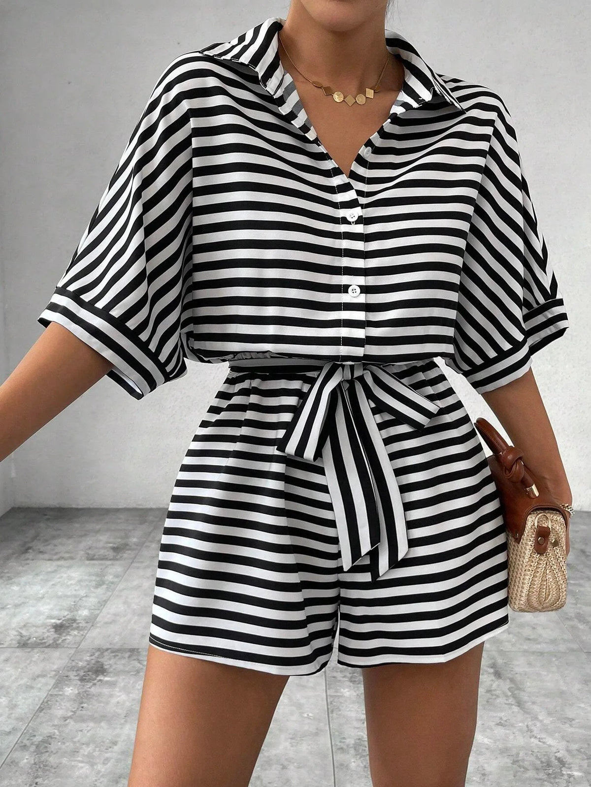 Casual Striped Batwing Sleeve Top And Shorts Set For Women