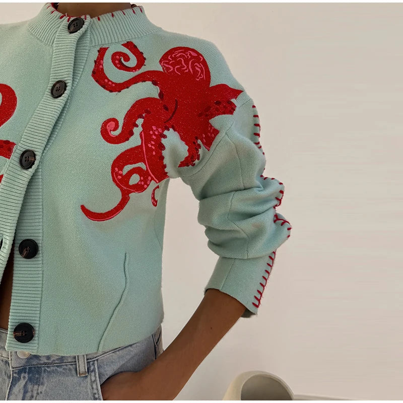 Elegant Knitted Octopus Jacquard Cardigan for Women