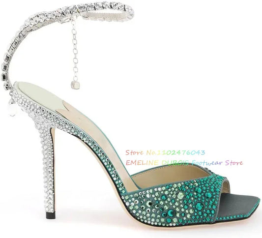 Rhinestone Chain Square Toe High Heel Sandals Women Sexy New Peep Toe Stiletto Heel Crystal Designer Brand Ladies Dress Shoes