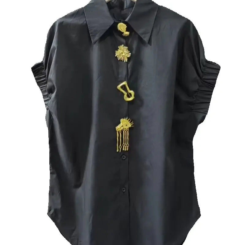 Removable Sequins Short Sleeve Blouse Black White for Women
