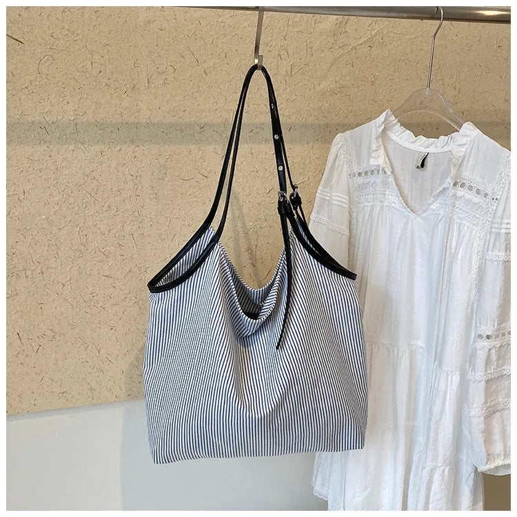 Casual Stripe Canvas Lightweight Shoulder Tote Bag for Women