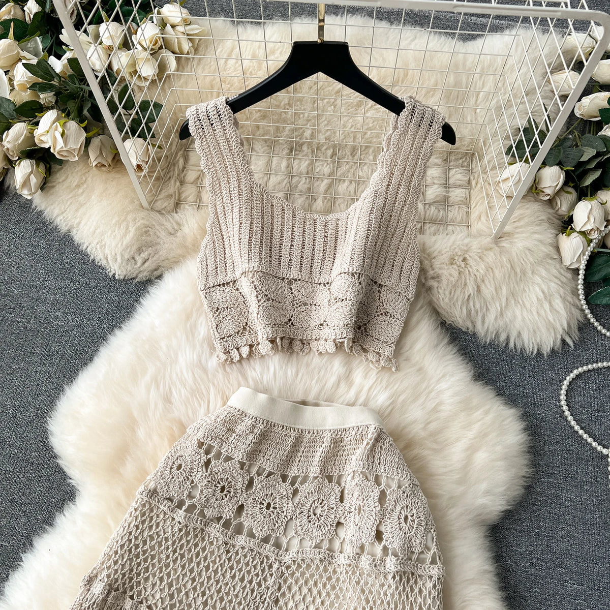 Bohemian Knit Tassel Crop Top and Skirt Set for Women