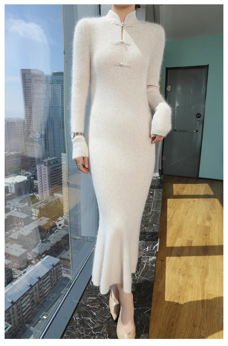 Stand Collar Ankle Length Fishtail Knit Dress for Women